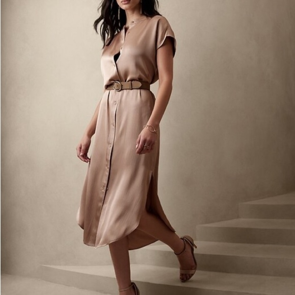 BANANA REPUBLIC SATIN SHIRT Elegant Tan Midi Dress